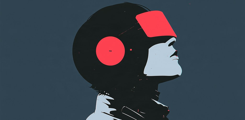 Deus Silentii : un pilote de profil, le nez levé, son casque en disque vinyle